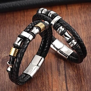 Men bracelet Stainless Steel Magnetic Metal Clasp Men Jewelry Two Layers  - Picture 1 of 7