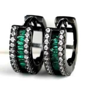 Iced Out Black Rhodium Plated Paved Green Cubic Zirconia Men Women Hoop Earrings - Picture 1 of 2