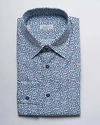 Zilli $1,250 NWT Blue White Fish Print Roma Slim Fit Sport Shirt (44 eu) 17.5 US - Image 1 of 4