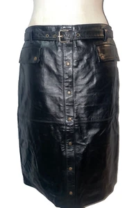 DKNY Vintage Womens Genuine Leather Midi Skirt size 8 Snap Front Removable Belt - Picture 1 of 8