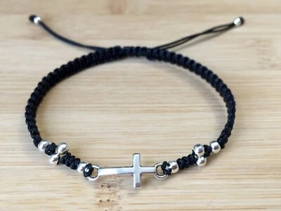 Unisex Silver Cross Charm Adjustable Braided Shamballa Bracelet   - Image 1 of 3