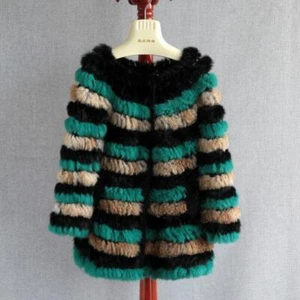 Cappotto soprabito donna girocollo vera pelliccia di coniglio medio lungo manica 3/4 righe caldo - Foto 1 di 20