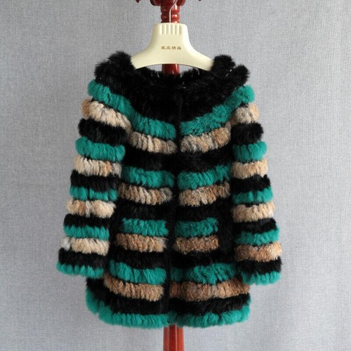 OFF WHITE Cappotto soprabito donna girocollo vera pelliccia di coniglio medio lungo manica 3 4 righe caldo