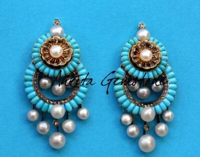 Rosecut Diamond Sterling Silver Turquoise Pearl Woman's Dangle  Earrings - Image 1 of 2