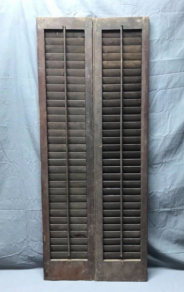 Antiguo Par de Persianas con Persianas de Madera para Ventana 9x43 Interior Natural Antiguo 1802-22B Foto 1 de 4