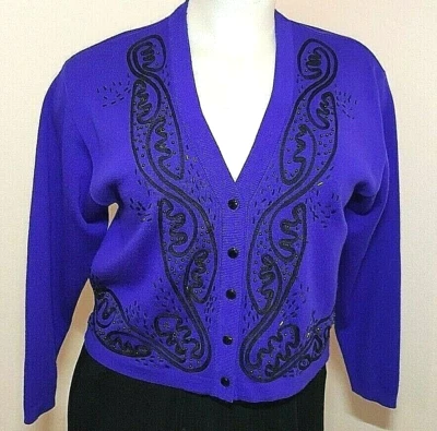 PÚRPURA Clásicos Entier De Colección Suéter de Lana L Negro Cuentas Retro Cárdigan Fiesta Foto 1 de 4