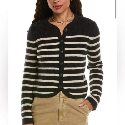 $398 Rag & Bone Nany  Cardigan Black /Ivory Cotton-Blend Ribbed Knit Size Medium - Image 1 of 4