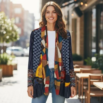 Boho Sweater Women Medium  Brown Quilted Patchwork Knit Open Front Sweater  - Image 1 of 4