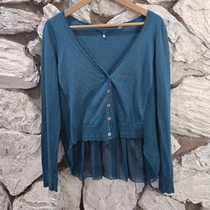 Anthropologie Knitted and Knotted Teal Cropped Cardigan Sheer Hi Low Size M - Bild 1 von 8