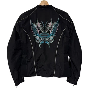 Harley Davidson Black Riding Gear Jacket Blue Embroidered Logo Padded Vented L - Picture 1 of 24