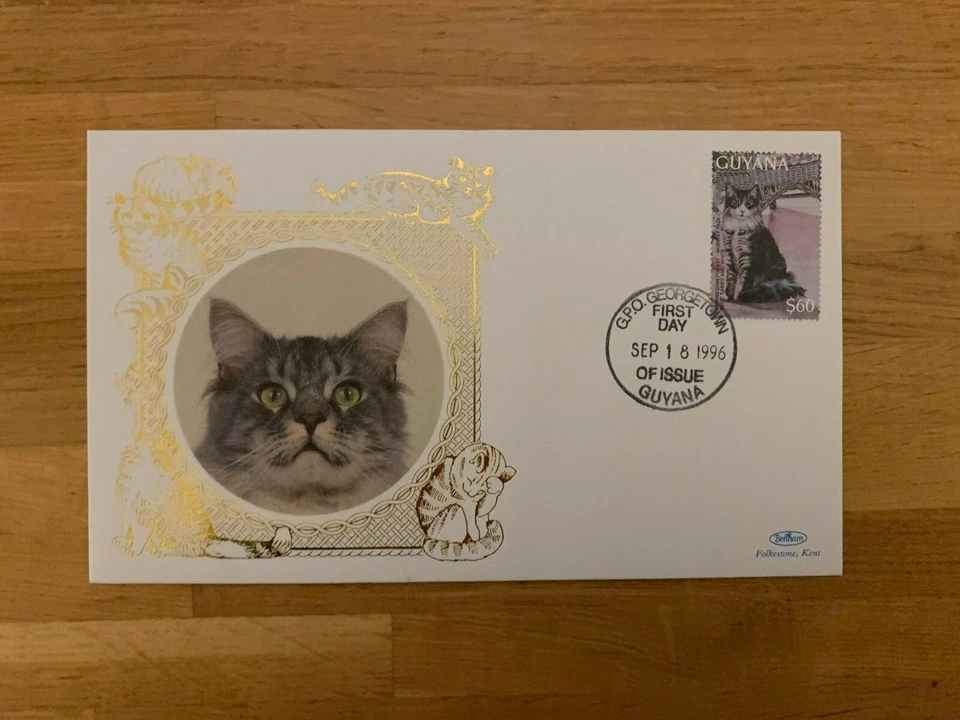 GUYANA 1996 FDC BENHAM SILK CATS BLUE TABBY & WHITE NORWEGIAN FOREST - Image 1 of 1