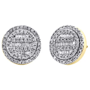 10K Yellow Gold Round & Baguette Cut Diamond Circle Earrings 11mm Stud 1/2 CT. - Picture 1 of 5
