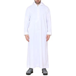 Mens White Hooded Thobe Jubba Saudi Islamic Arab Muslim Eid Kaftan Jubbah Robe - Picture 1 of 7
