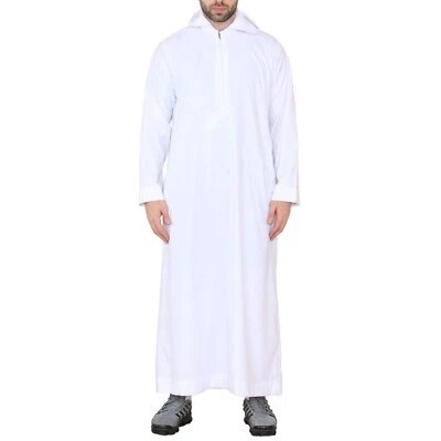 Hombre Blanco Capucha Thobe Jubba Saudi Islámico Árabe Musulmán Eid Caftán Bata - Imagen 1 de 4