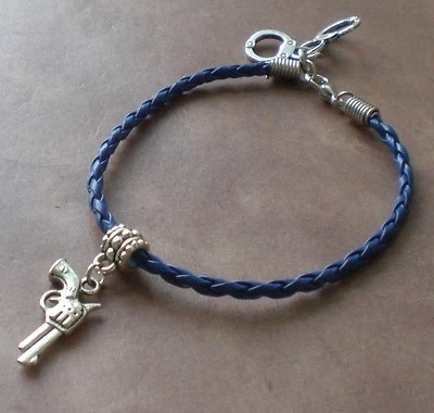 Thin Blue Line Police Revolver Handcuff Support First Responder Leather Bracelet - Image 1 of 4