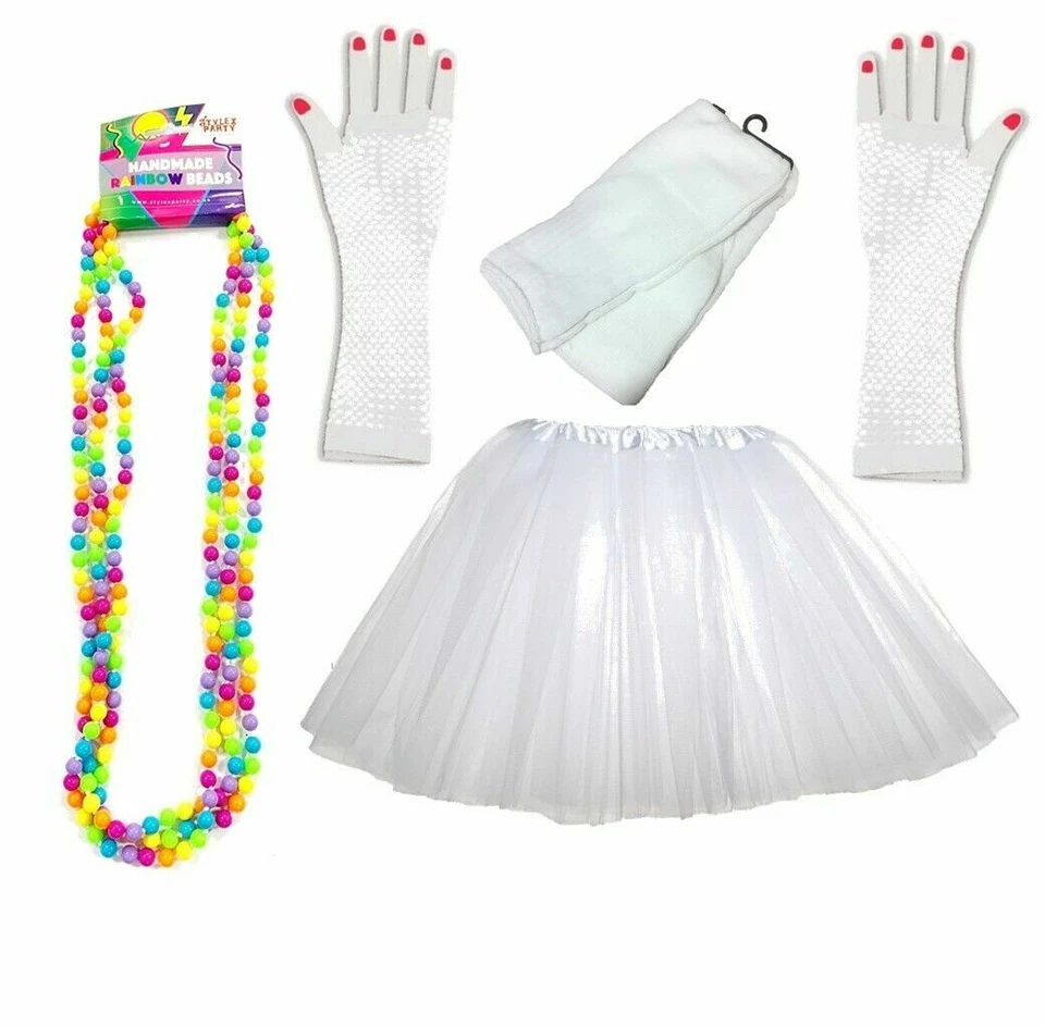80S WHITE TUTU SET LADIES LEG WARMERS NETTED GLOVES BEADS FANCY DRESS PRIDE - Image 1 of 1