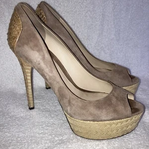 Brian Atwood Blayne Beige Suede Platform Heeled Pumps Snake Print Heel Sz 7.5 - Picture 1 of 9