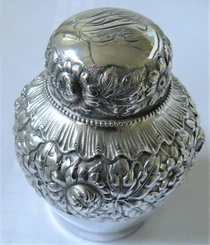 ANTIQUE 1889 GORHAM STERLING SILVER TEA CADDY JAR REPOUSSE 134 GRAMS Cover