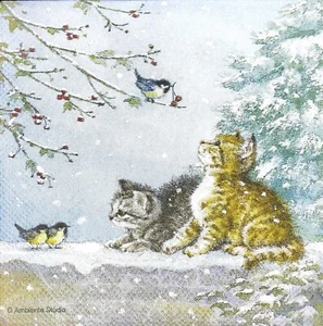 S111# 3 servilletas de papel pequeñas individuales decoupage invierno gatos y pájaros en ramas - Imagen 1 de 3