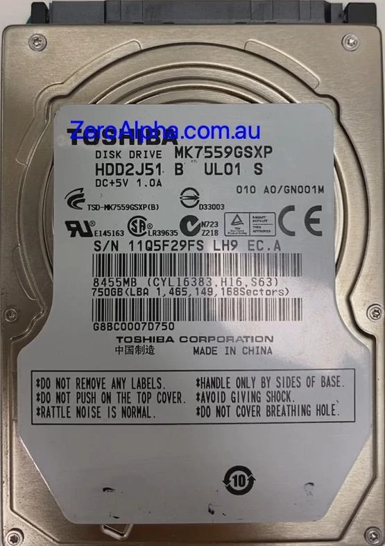 MK7559GSXP Toshiba Donor Hard Drive, HDD2J51, GN001M - Image 1 of 1