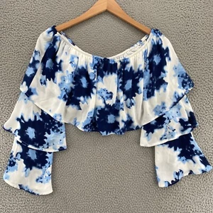 Lulus Top Womens Large Blue Off Shoulder Cropped Ruched Long Tiered Bell Sleeves - Picture 1 of 10