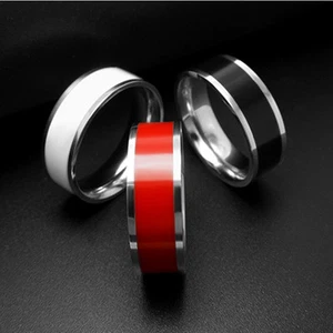 Anillo de fiesta de 7 mm negro/blanco/rojo esmalte de titanio correa de acero para hombre/mujer talla 7-12 - Imagen 1 de 10