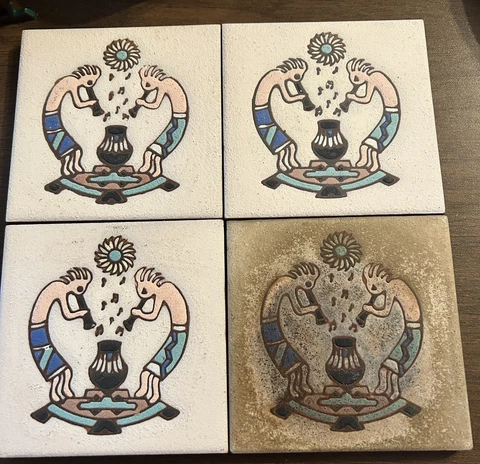 4 Earthtones “Kokopelli Mystery”Terracotta Tiles w/Hohokam Flute Player Cover