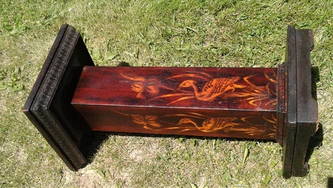 Antique Victorian Pedestal Plant Stand w Hand Carved Heron and Iris Pyrography Cover