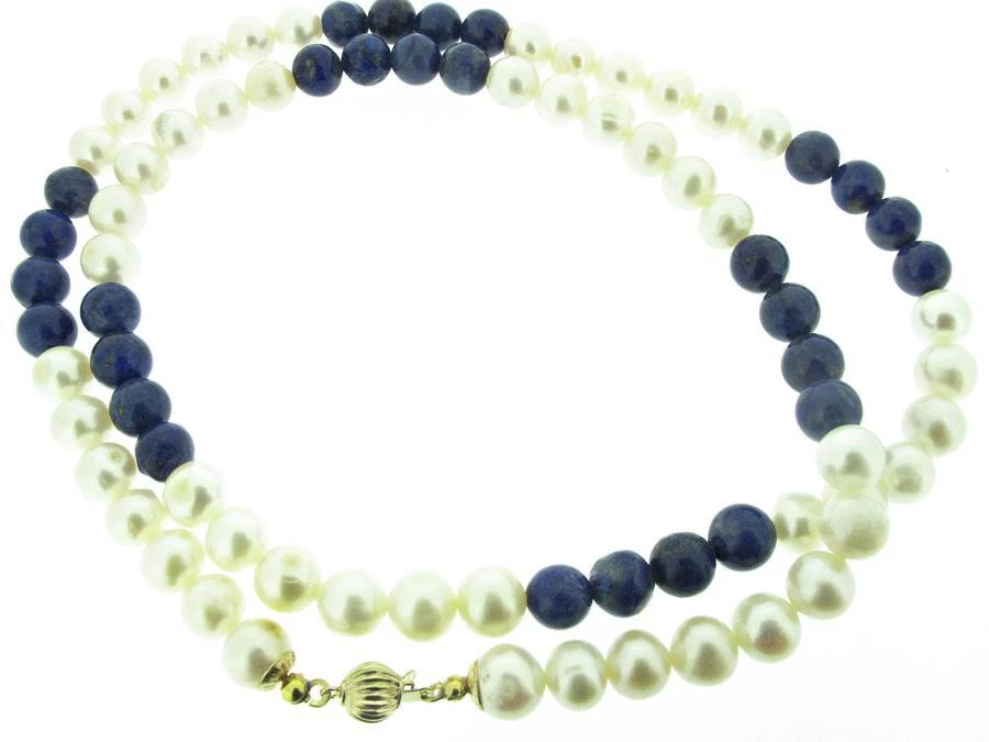 9 ct gold white pearls and lapis necklace, 25" - Image 1 of 1