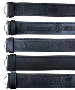 TC Cinture Scozzese Pelle Nera Massonica, Cardo Semplice Kilt Belt Senza Fibbia - Foto 1 di 6