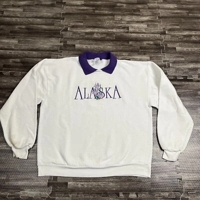 Sudadera De Colección Estado de Alaska Cuello Flor Blanca Púrpura Grande De Colección Hecha en EE. UU.  Foto 1 de 4