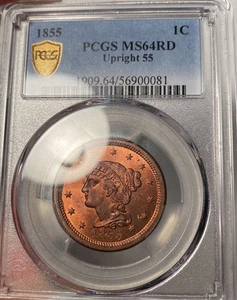1855 Braided Hair Large Cent Upright 55 PCGS MS65RD RED - Picture 1 of 7