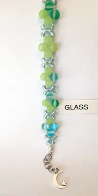 PULSERA HECHA A MANO DE CUENTAS DE LUNA DE VIDRIO VERDE INOXIDABLE Y CUENTAS DE VIDRIO AZUL CLARO Foto 1 de 2