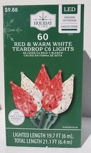 Holiday Time 60 Red White LED Teardrop C6 Christmas Lights Green Wire Faceted - Picture 1 of 6
