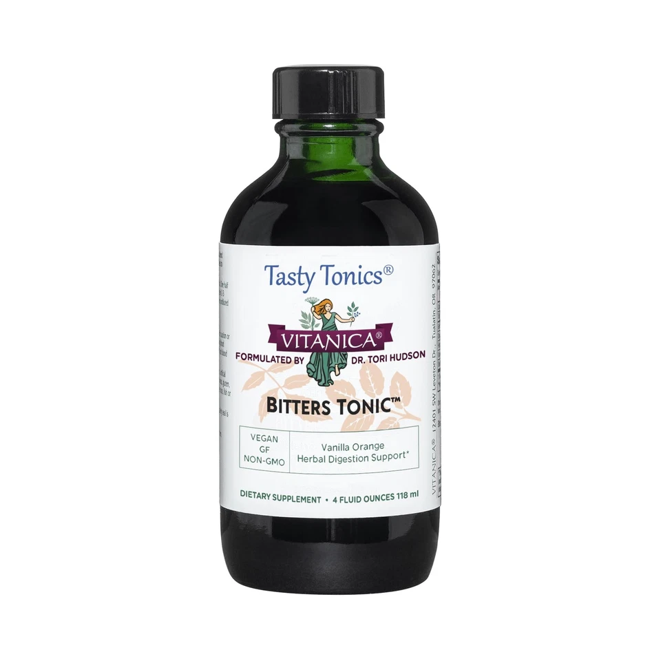 Suplemento nutricional Bitters Tonic 4 fl oz vegano soporte digestivo vidrio verde Foto 1 de 4