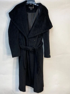 Donna Karan Black Wool Blend Long Wrap Coat With Belt & Satin Lining Size M - Image 1 of 4