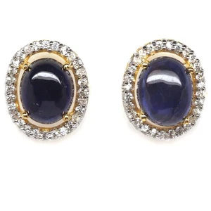 925 Silver Handmade 8 x 9 mm. Blue Sapphire & White Zircon Earrings - Picture 1 of 4