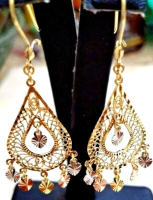 Pendiente araña oro 14k sólido blanco amarillo rosa filigrana corazón gitano 2,15" Foto 1 de 4