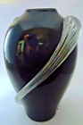 Buechner or Murano Glass Vase Black with Ribbed Crystal Wings 10"h