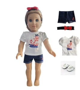 Ropa para muñecas 18" Jean Shorts Top Blanco Bordado Achor Sandalias Se adapta a muñecas AG - Imagen 1 de 7