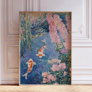 Japanese Koi Fish in Pond Japandi Wall Art Print - Picture 1 of 6