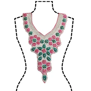 Sanskriti Vintage Pink Neck Patch Applique Yoke Hand Beaded 16"X10" Dress Decor - Picture 1 of 8