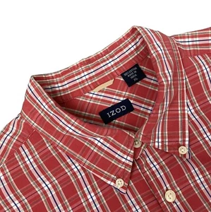 IZOD LS Casual Dress Shirt Mens XL Check Red Plaid Cotton Embroidered Logo INDIA - Picture 1 of 18