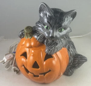 Vintage grau/schwarze Katze Jack O'Lantern Keramik Licht/Lampe Halloween 1980 funktioniert - Bild 1 von 18