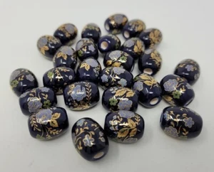 25 pcs Blue & Gold Painted Floral Flower 20mm Oval Ceramic Craft Jewelry Beads - Picture 1 of 3