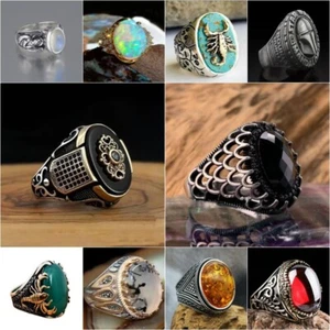 Ring Size 6-12 Elliptic Carving Amber Filled Vintage Punk Men Women - Picture 1 of 25