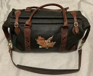 Große Weekender-Reisetasche aus schwarzem Leder mit Schulterriemen bestickt Adler - Bild 1 von 12