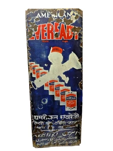 Vintage Eveready Batteries Porcelain Enamel Sign Torch Boy Bilingual 48x18” Inch - Picture 1 of 7