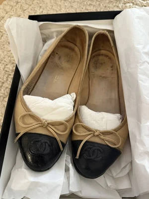 Chanel Bailarina Piel de Cordero Cuero Ballet Mujer Planos Talla 6.5 - Beige/Negro Foto 1 de 4