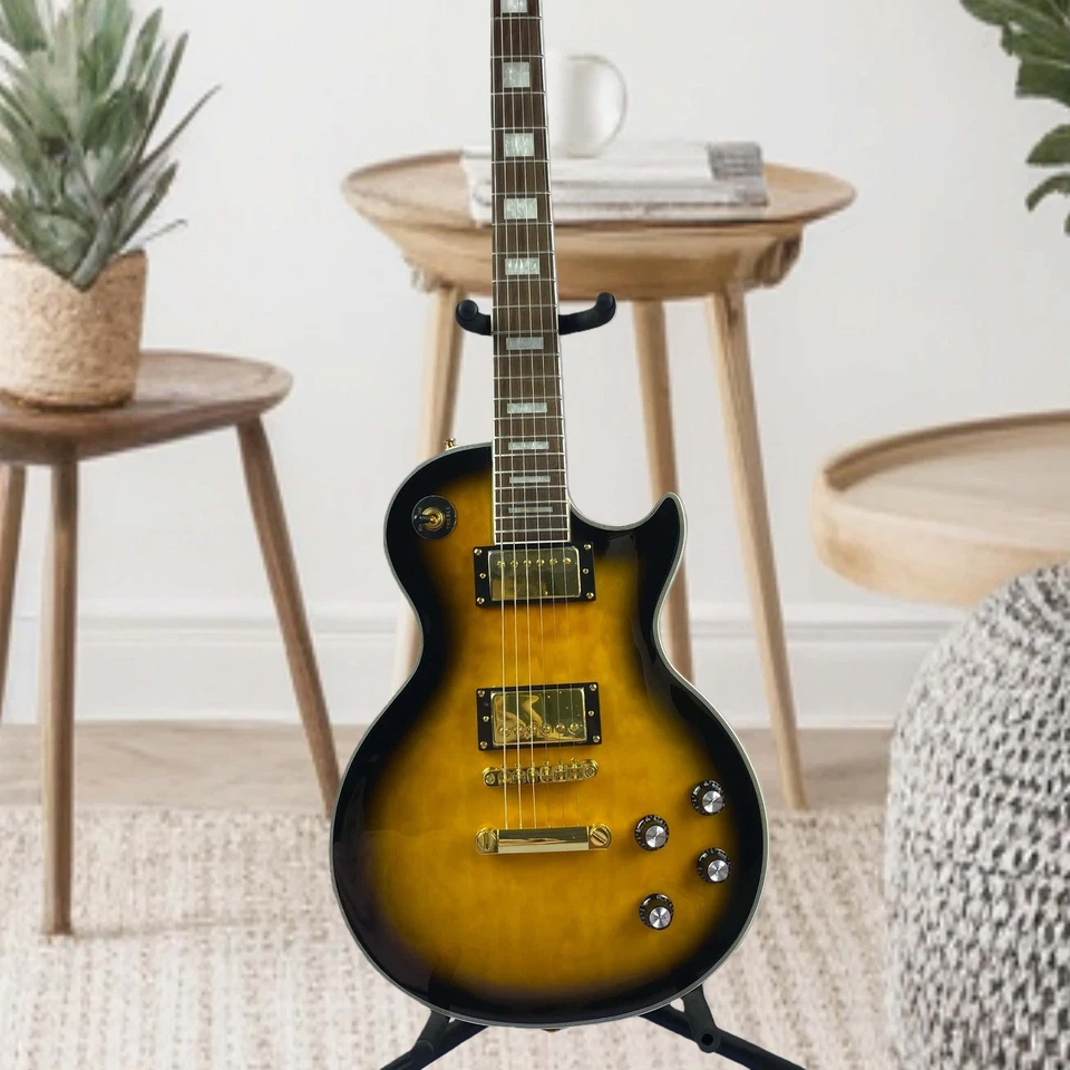 Guitarra Eléctrica Les Paul Personalizada con Incrustación Negra y Tapa de Arce Llamado Amarillo Foto 1 de 4